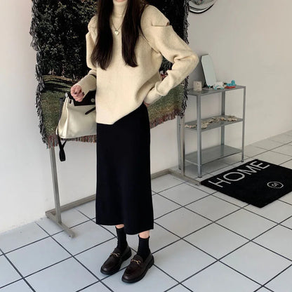 Temperament Black Slim Fit Long Skirt Women High Waist Knitted Straight One-Step Skirt Korean Fashion Office Lady Pencil Skirts.