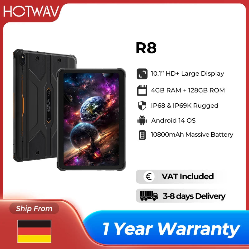 HOTWAV R8 Rugged Tablet 10.1'' HD+ Display 10800mAh Massive Battery Pad Android 14 OS Octa-core 4GB 128GB Tablet PC Global.