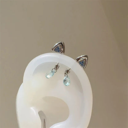 Silver Color Cat's Ear Droplet Shaped Zircon Stainless Steel Ear Bone Nail Earring for Women New Trendy Body Piercing Accessorie