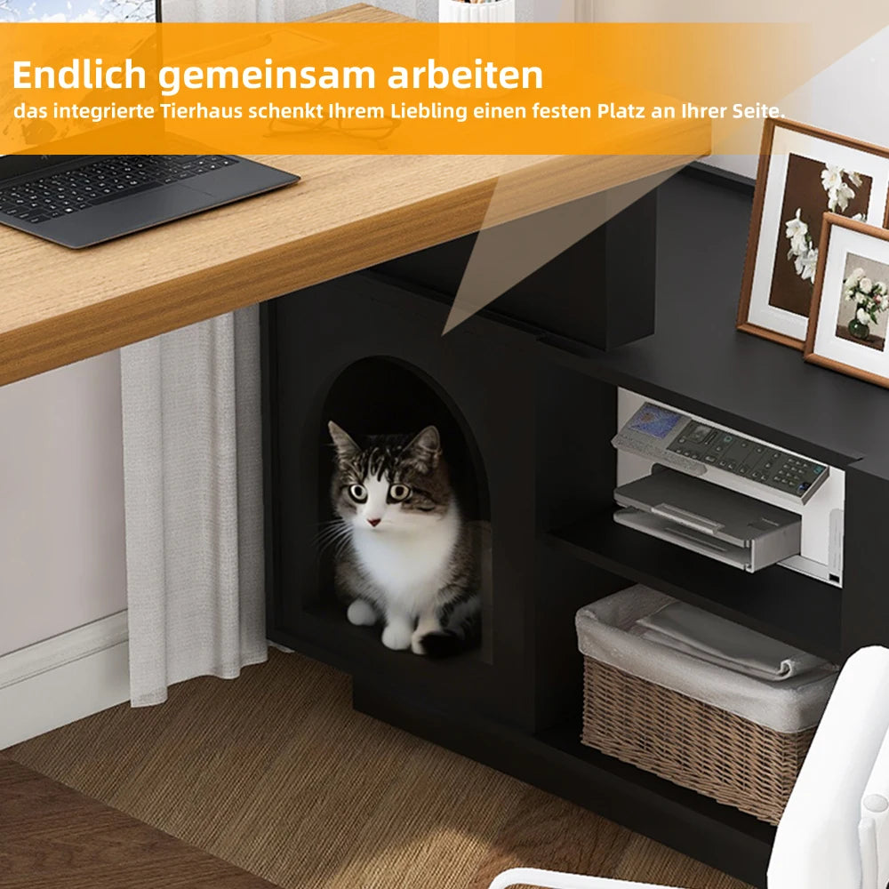 Eckschreibtisch mit integriertem Tierhaus – 120 x 50 cm, L-förmig oder einteilig, Eckschreibtisch für das Heimbüro mit XL-Tierhöhle