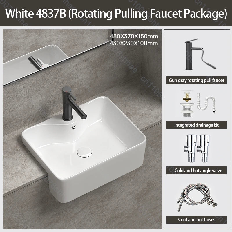 Porcelain Ceramic Vessel Sink with Drain Semi Recessed Vanity Art Sink Wash Basin Bowl for Modern Home Bathroom Decor Washbasin