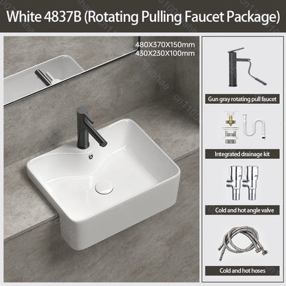 Porcelain Ceramic Vessel Sink with Drain Semi Recessed Vanity Art Sink Wash Basin Bowl for Modern Home Bathroom Decor Washbasin