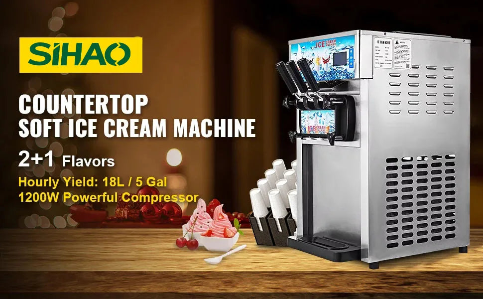 SIHAO Commercial Soft Serve Ice Cream Machine - Tri-Flavor 18L/H with LCD Display & One-Touch Cleaning for Dessert Shops, Cafes.