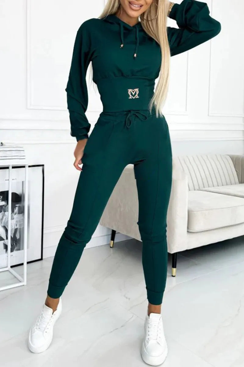 Casual Solid Color Hooded Slim Long-sleeved Top And Wide-sleeved Pants Suit Women 2025 Spring Top Lace-up Pants Suit For Women