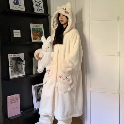 Kawaii Chiikawas Pajamas Coral Velvet Home Wear Long Length Nightgown Thick Cardigan Pant Cartoon Cute Girl Casual Home Clothing.