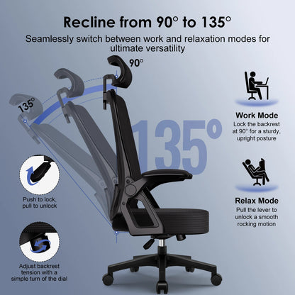 AUTHMIC Ergonomischer Bürostuhl – faltbare Armlehnen, verstellbare Rückenlehne, verstellbare Kopfstütze, verstellbare Lendenwirbelsäule, maximale Belastung 150 kg,