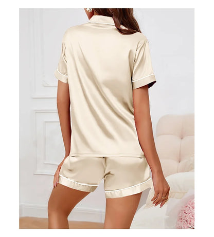 Sommer-Pyjama-Set aus Seidensatin für Damen, Oberteil und Shorts mit Knopfleiste, 2-teilig, Nachtwäsche, gekerbter Kragen, Nachtwäsche, Loungewear für Damen