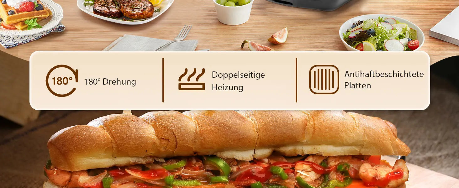 TAYLOR SWODEN 3-in-1 sandwich maker, waffle iron, baking tray, 1200 W, for 4 sandwiches, removable non-stick tray, 180° rotation.