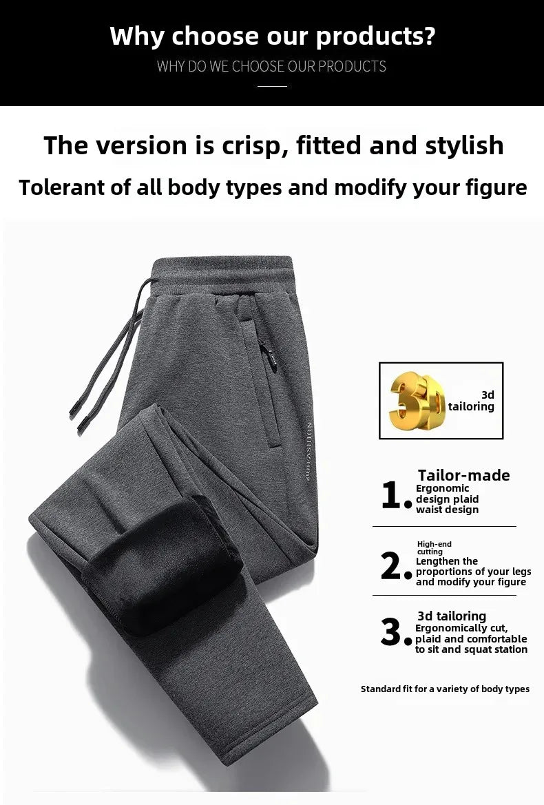Herbst/Winter Fleece-gefütterte Herren-Hose mit Reißverschluss, warmes Fuß, Freizeithose, Übergröße, lockere Passform, gerade Bein-Jogginghose, trendig.