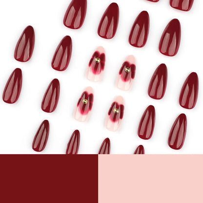 24pcs Women'S Nail Set Burgundy Almond Shape Medium Length Solid Color with Floral Golden Dust Design Fake Nails for Women/Girls.