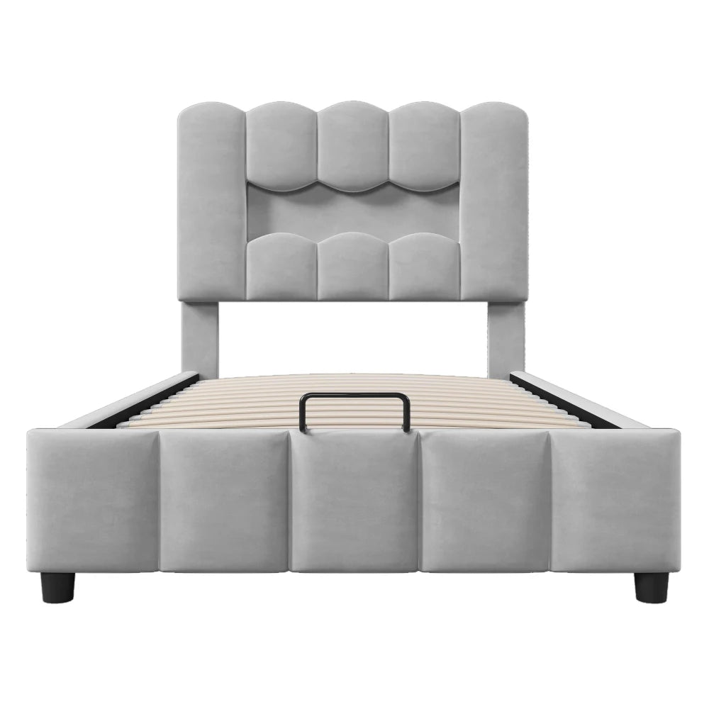 Modernes Polsterbett, 90 x 200 cm, ohne Matratze, LED-Beleuchtung, mit hydraulischem Gerät, verstellbarer Kopfteil, Samt, Grau