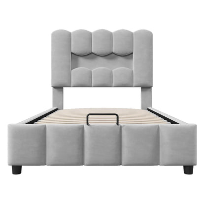 Modernes Polsterbett, 90 x 200 cm, ohne Matratze, LED-Beleuchtung, mit hydraulischem Gerät, verstellbarer Kopfteil, Samt, Grau