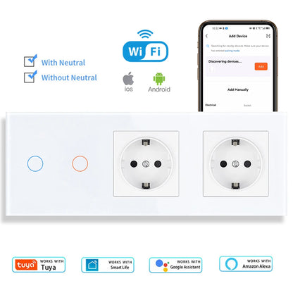 SRAN Smart Switch mit Wandsteckdose 16A EU, Tuya Smart Life Home Touch Sensor WiFi Lichtschalter Weiß
