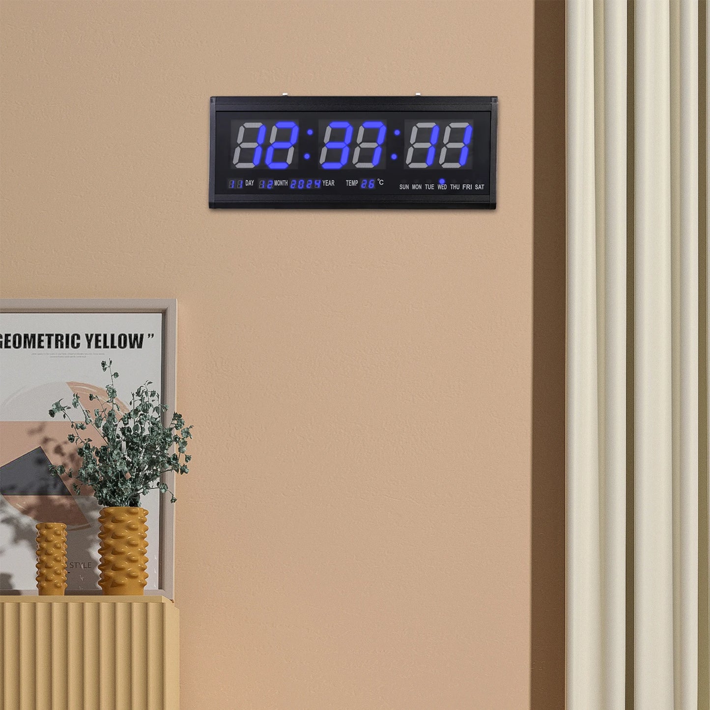 220 V große LED-Digital-Wanduhr, Zeit, Temperatur, Datum, Woche, Anzeige, automatischer Dimmer, leuchtende, leise Tischuhr, Wanduhr, 48 x 19 cm