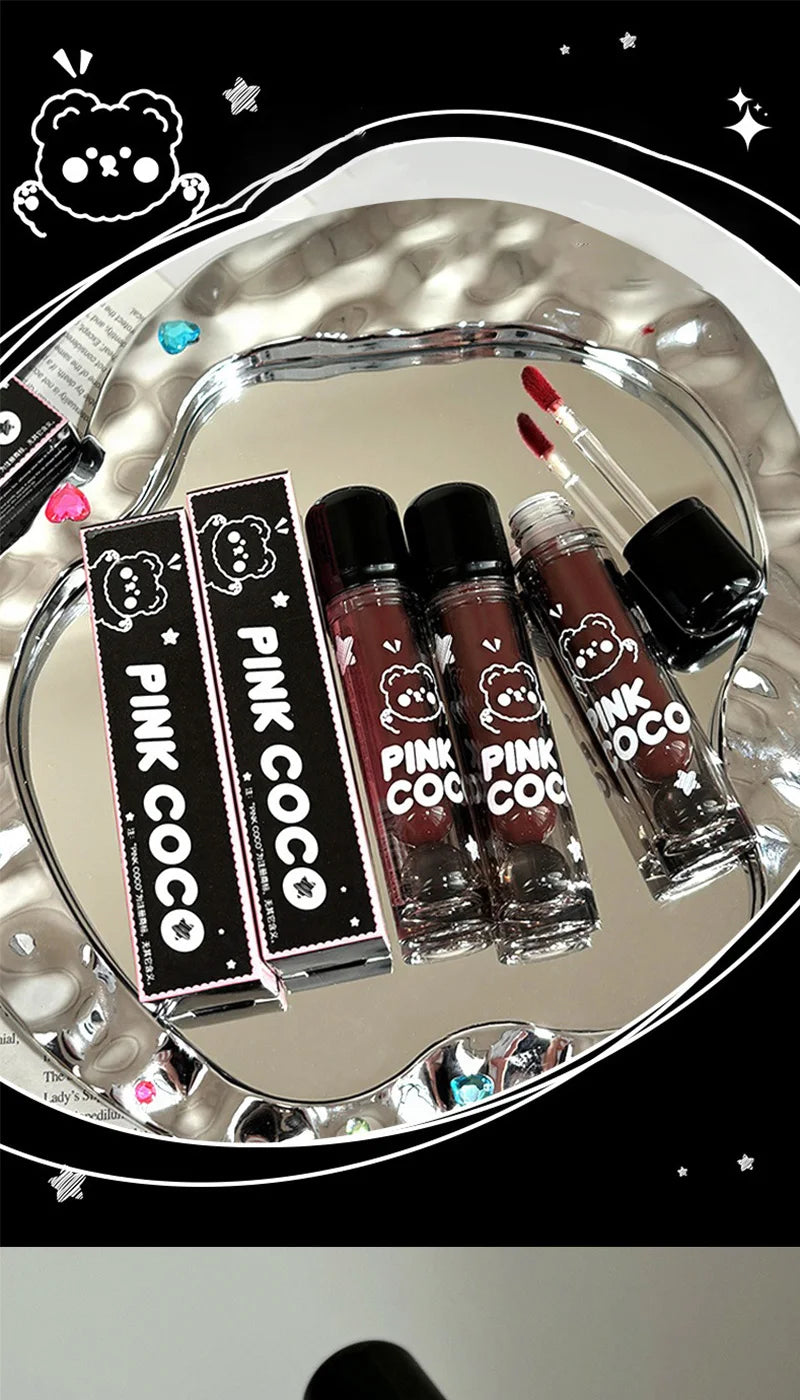 PINKCOCO Bear Doodle Mirror Lip Glaze — Long-Lasting Shiny Lip Gloss, Student-Friendly, Skin-Brightening Nude Lipstick.