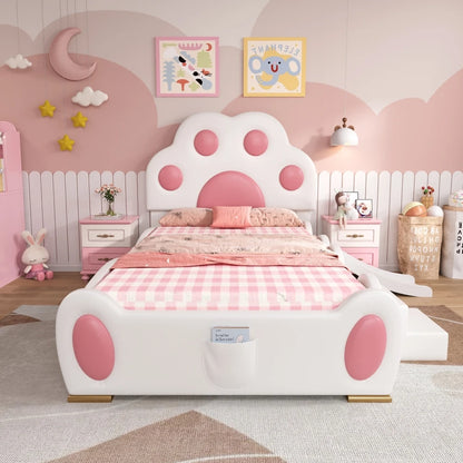 Cartoon süßes rosa Prinzessinnenbett, gepolstertes Bett, 90 x 200 cm, mit Kinderrutsche und zweistufiger Leiter, für Mädchenschlafzimmer