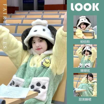 Winter Pochacco Sleepwear Women's Long Thickened Fleece Robe Set Cute Warm Flannel Student Outdoor Home Clothes Pajamas Set.