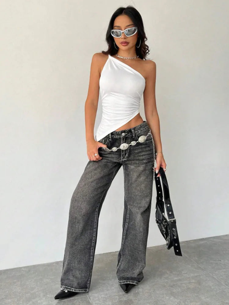 2025 New Fashionable Casual Women's T-Shirt Solid Color Single Shoulder Asymmetrical Slim Fit Top One-Piece Neck.