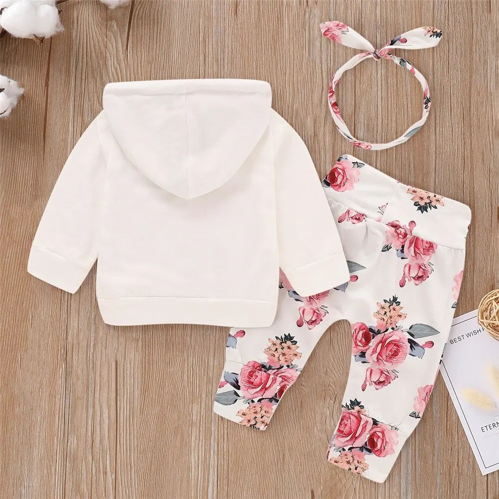 0-18 Months Toddler Baby Girl 3PCS Hooded Clothes Set Flowers Print Long Sleeve Top+Pant+Bowknot Headband Fashion Autumn Outfit.
