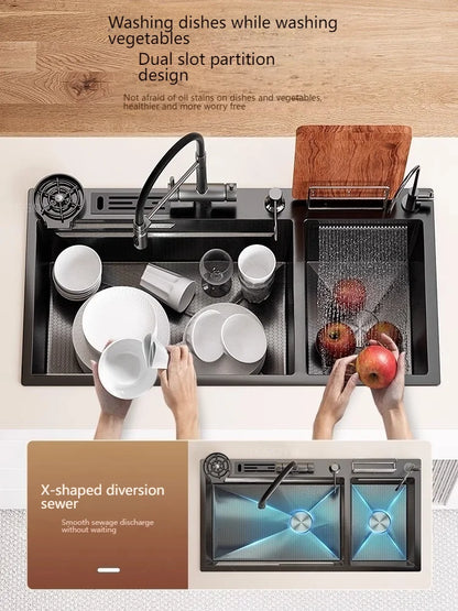 Waterfall Kitchen Sink Stainless Steel Multifunctional Undermount Washbasin Double Slot Dishwashing Sinks