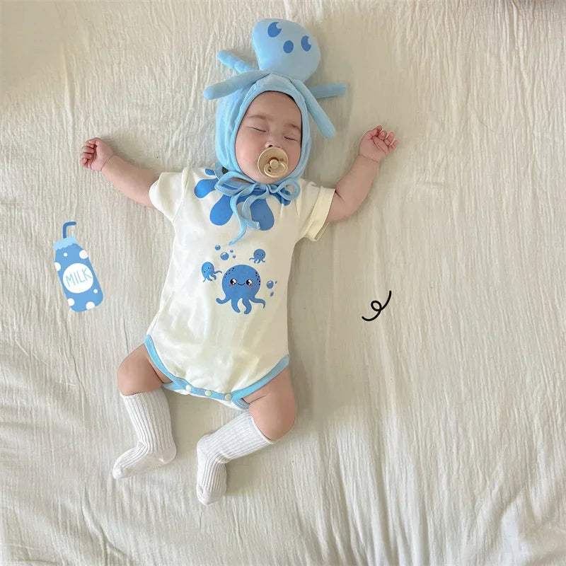 Lustige Oktopus Sommer Baby kleidung koreanische neue Jungen Mädchen einteiligen Stram pler schönen Bodysuit Säugling Baumwolle kurzen Overall.