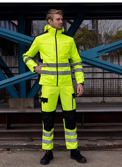 High Visibility Workwear Winter Clothes Hi Vis Suit Reflective Jacket Waterproof Winter and Pockets Reflective Work Pants Set.
