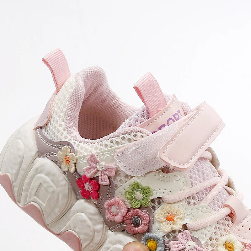 Girls Flowers Sports Shoes Children Princess Embroidered Running Shoes Air Mesh Girls Casual Sneakers Summer 2025 New
