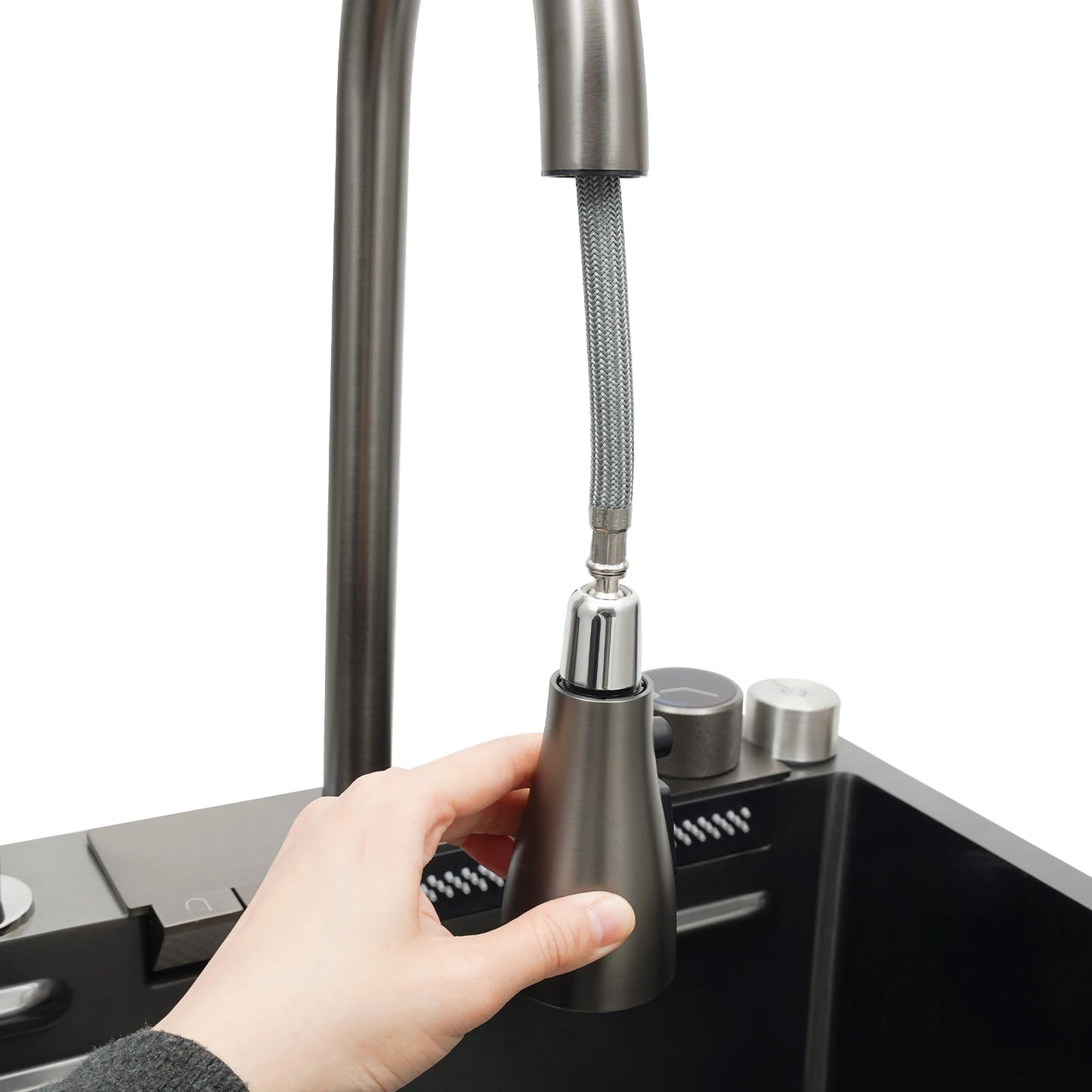 Küchenspüle aus Edelstahl mit ausziehbarem Wasserhahn, Wasserfallspüle mit Digitalanzeige, multifunktionale Küchenspüle für die Arbeitsstation