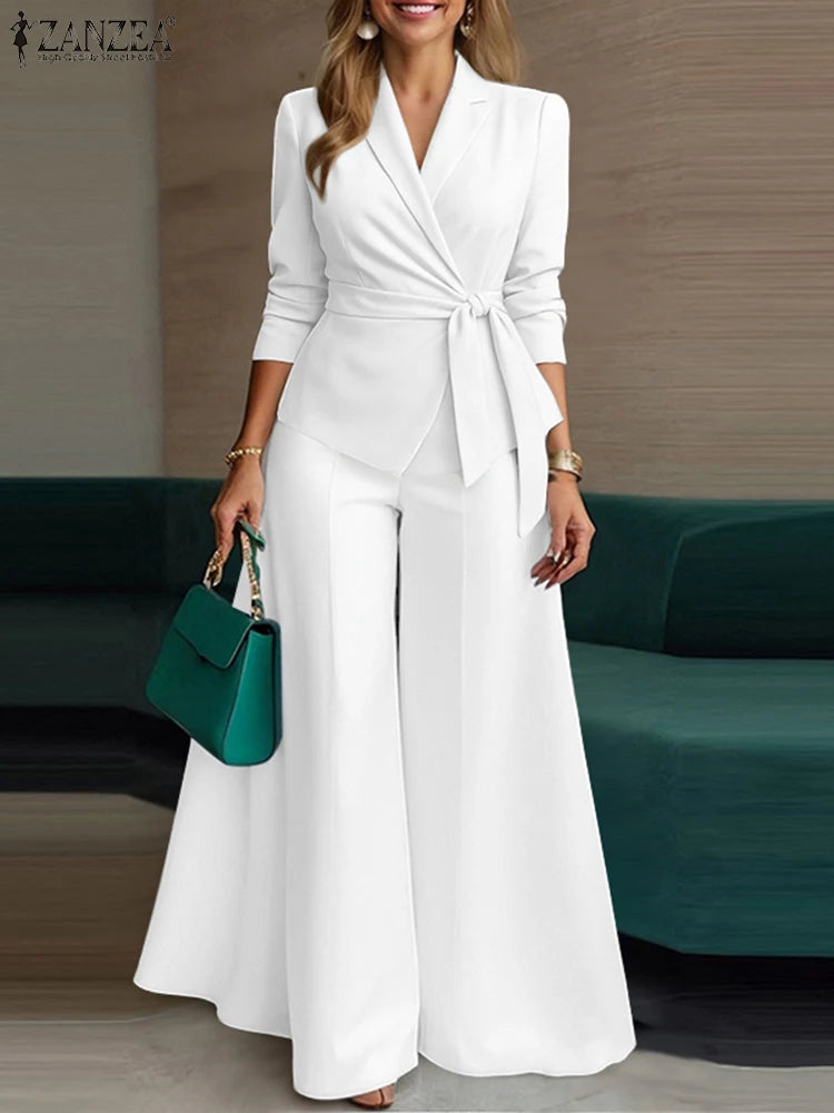 ZANZEA Elegant 2 Pieces Pant Sets Long Sleeve Belted Lightweight Blazer & Wide Leg Pant 2pcs Suits Office Lady Commuting Sets.