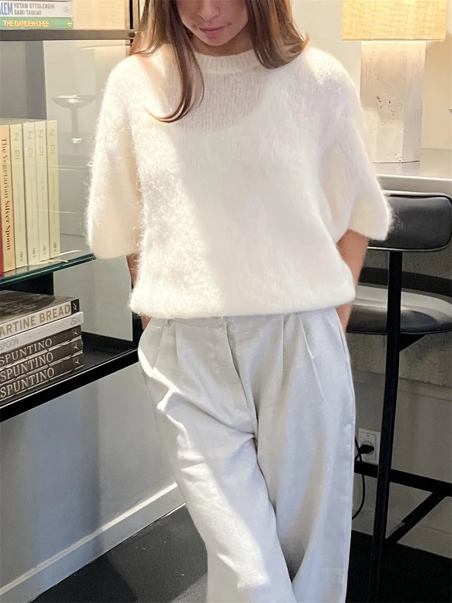 Damen Frühling Herbst Strickpullover Halbarm O Hals Einfarbig Lässige Strickwaren.