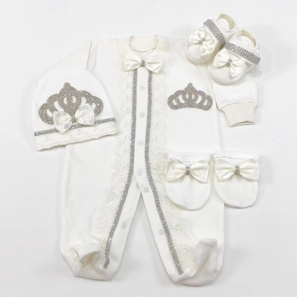 Dollbling Newborn Set Baby's Sets Rhinestone Crown 0-3 Months Hat+Bodysuits+Gloves+Shoes 4 Parts Boy Girl Jumpsuit Clothing