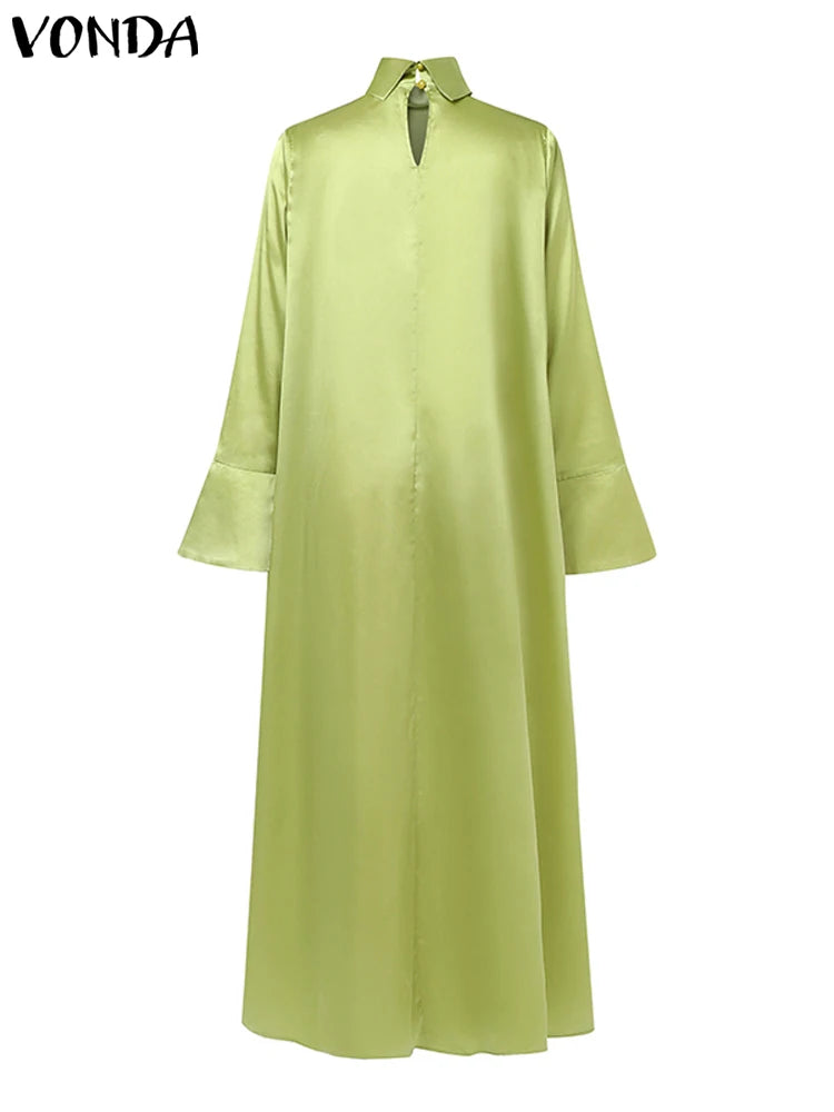 VONDA Frauen Böhmischen Lange Maxi Kleid 2024, Elegante Langarm Hohe Kragen Roben Casual Einfarbig Vestidos Vintage Sommerkleid.