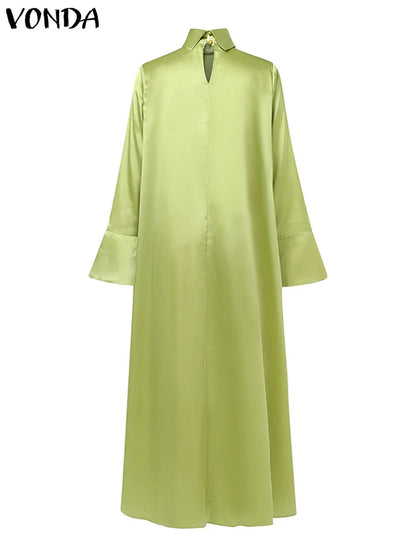 VONDA Frauen Böhmischen Lange Maxi Kleid 2024, Elegante Langarm Hohe Kragen Roben Casual Einfarbig Vestidos Vintage Sommerkleid.