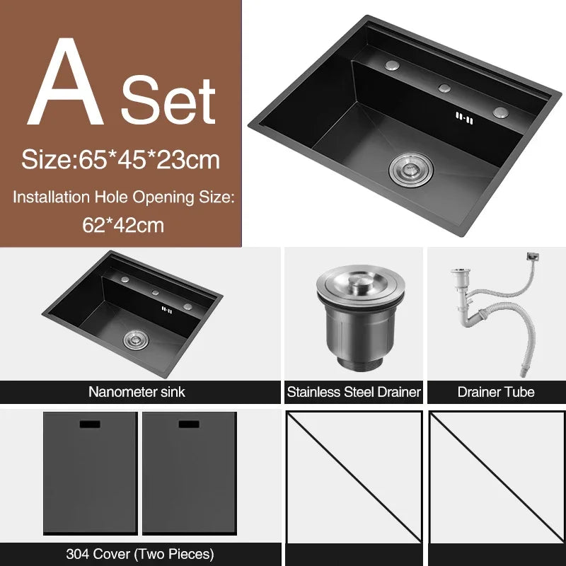 Nanometer Double Cover Hidden Kitchen Sink 304 Stainless Steel 3 Holes Handmade Single Large Size Kitchen Hidden Sinks