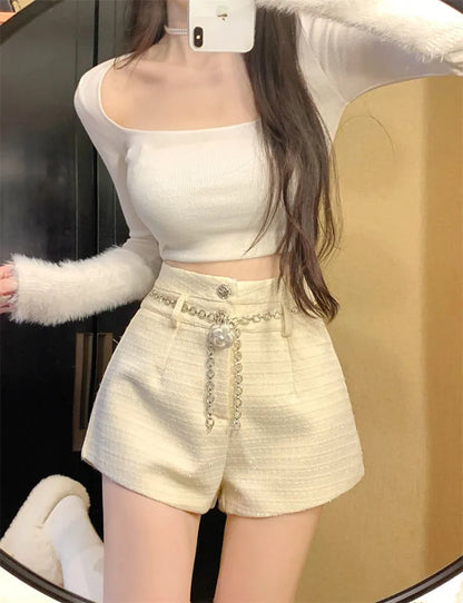 Winter Spring New Arrival Metal Buttons Tweed Shorts Women.