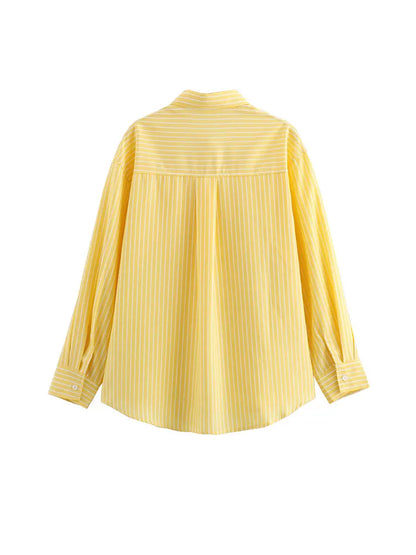 2024 Autumn Women Elegant Stripe Long Sleeves Casual Shirt For Woman Lapel Single-Breasted Loose Slim Blouse Top Streetwear.