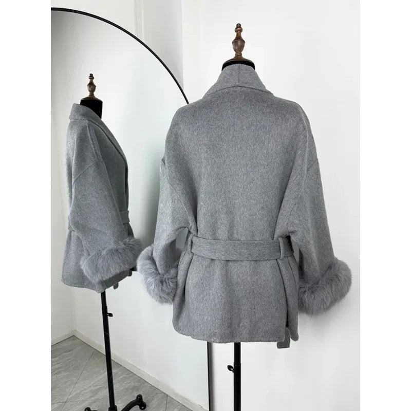 2025 Autumn Winter Chic Lapel Plush Coat With Belt Women Vintage Faux Fur Sleeve Tweed Open Coats Female Casual Street Outwear.