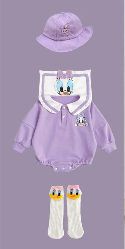 Neugeborenen Baby Strampler Socke Hut 3 stücke Set Cartoon Donald Daisy Ente Kleidung Jungen Mädchen Overall Infant Kurzarm Body k732