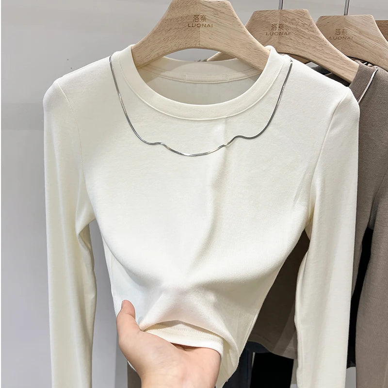 Women Trendy Chain Link Autumn Fashion Slim Fit Cropped T-shirts 2025 Long Sleeve T-shirt Solid Simple Base Layer Crop Tops
