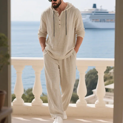 Cross-border Autumn Linen Men's Casual Suit Loose Hooded Henley Shirt Long Sleeve Pants Suit.