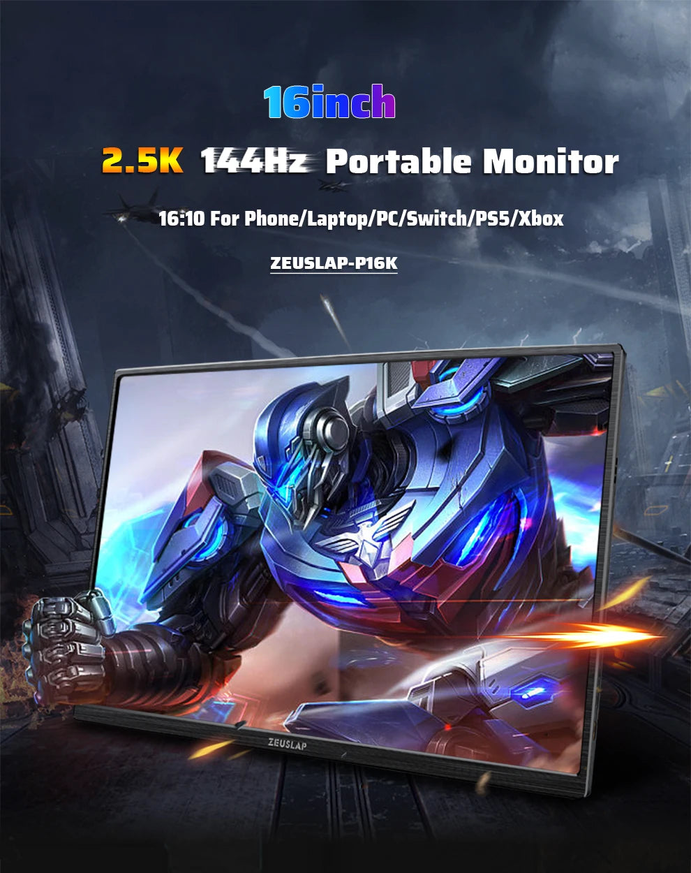 ZEUSLAP 16" 2.5K 144hz Portable Monitor 2560*1600 16:10 100%sRGB 500Cd/m²  Travel Gaming Display for Laptop Switch ps4 ps5 Xbox.