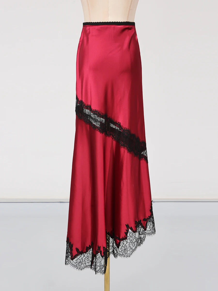 GALCAUR Hit Color Sheer Spliced Lace Elegant Skirts for Women High Waist Patchwork Split Temperament Skirt Female Fashion Style.