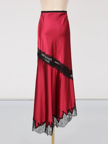 GALCAUR Hit Color Sheer Spliced Lace Elegant Skirts for Women High Waist Patchwork Split Temperament Skirt Female Fashion Style.