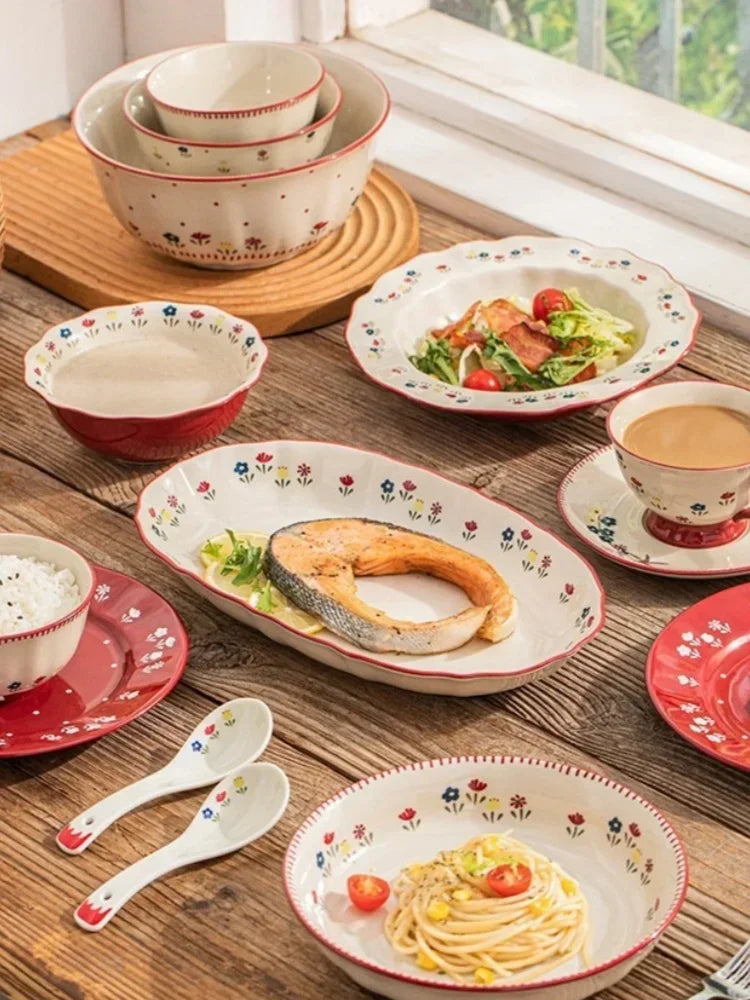 SOLECASA Ceramic Tableware Pastoral Style Rice Soup Bowl Fruit Salad Bowl Dish Pasta Dessert Plate Dinnerware Table Decoration.