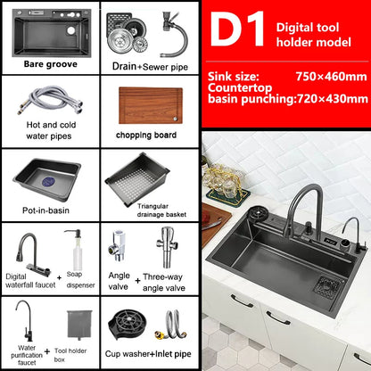 Waterfall Sink Kitchen Stainless Steel Topmount Sink Large Single Slot Wash Basin With Multifunction Touch Waterfall Faucet
