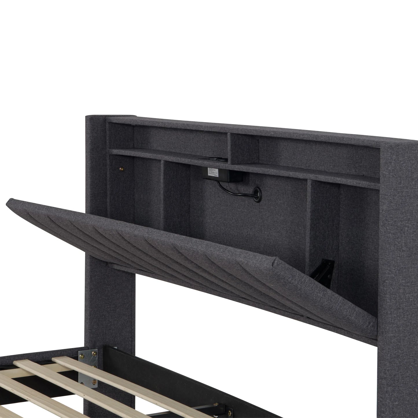 Lazyspace gepolstertes Doppelbett, Bettgestell 160/140 x 200 cm, Kopfteil mit Stauraum, USB-Aufladung und LED-Licht, keine Matratze