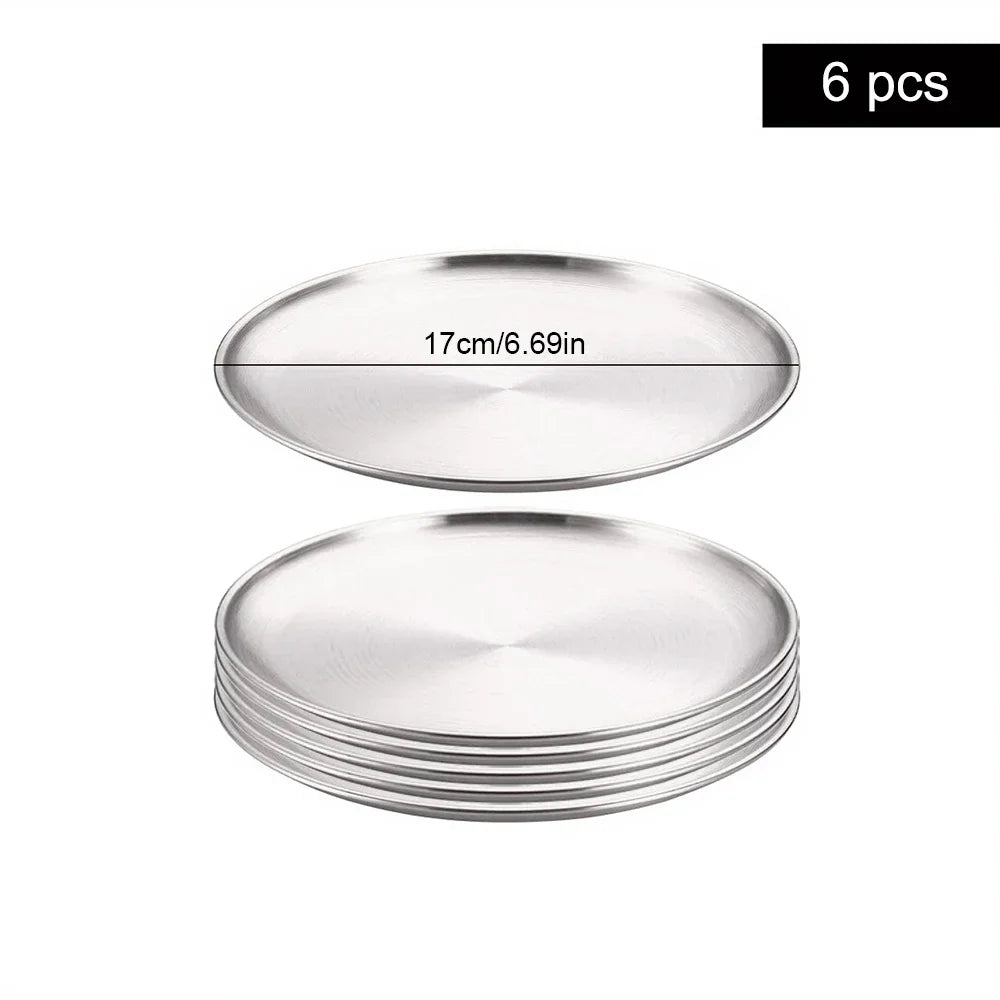 6Pcs High Quality Stainless Steel Bone Spitting Dish Silver Colors Shallow Tray Metal Dining Disc Fruit Meat Round Plate.