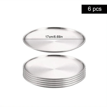 6Pcs High Quality Stainless Steel Bone Spitting Dish Silver Colors Shallow Tray Metal Dining Disc Fruit Meat Round Plate.