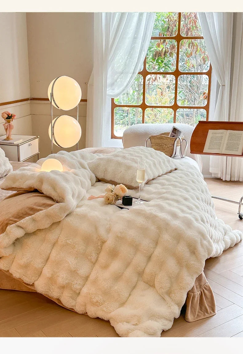 2024 new solid color colorful rabbit wool four-piece set, one side of rabbit fur and one side of milk wool thickened warm.