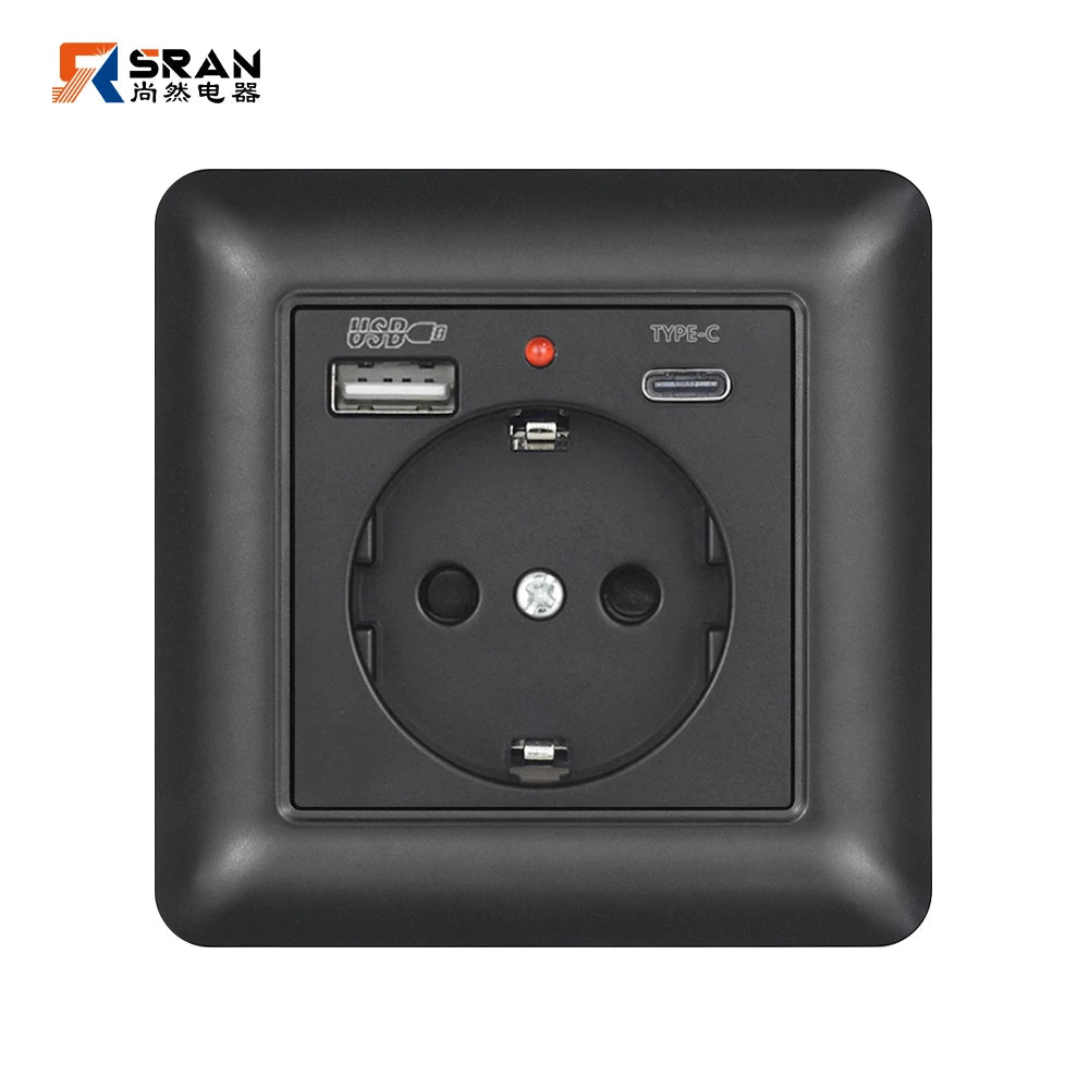 SRAN USB-Wandsteckdose, 20 W, schnelles Laden und 5 V, 2 A, EU-Standard, 82 x 82 mm, flammhemmendes PC-Panel, USB-Typ-C-Kombination.